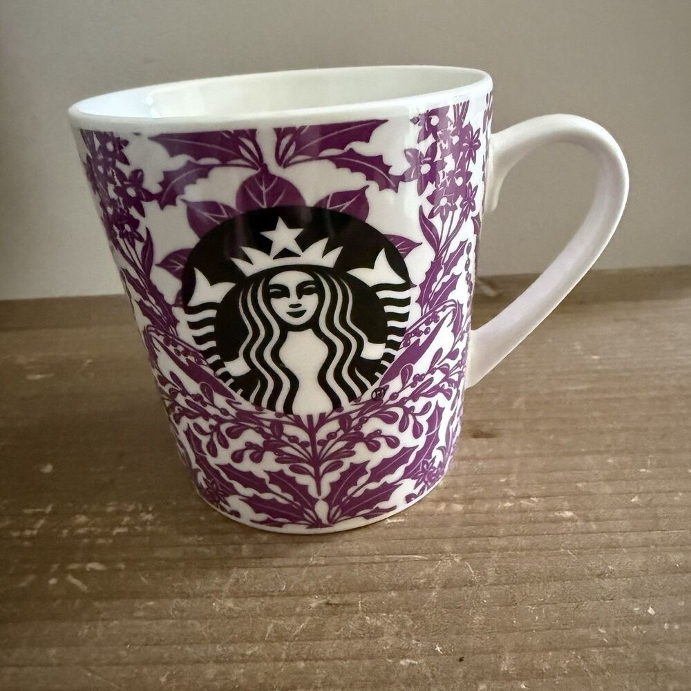 Rare Starbucks Large Purple White Floral Mug Black Mermaid 18 Ounces